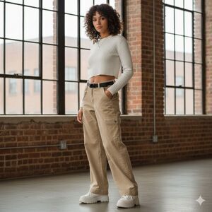 American Eagle Tan Wide Leg Corduroy Cargo Pants Womens Size 2 Y2K